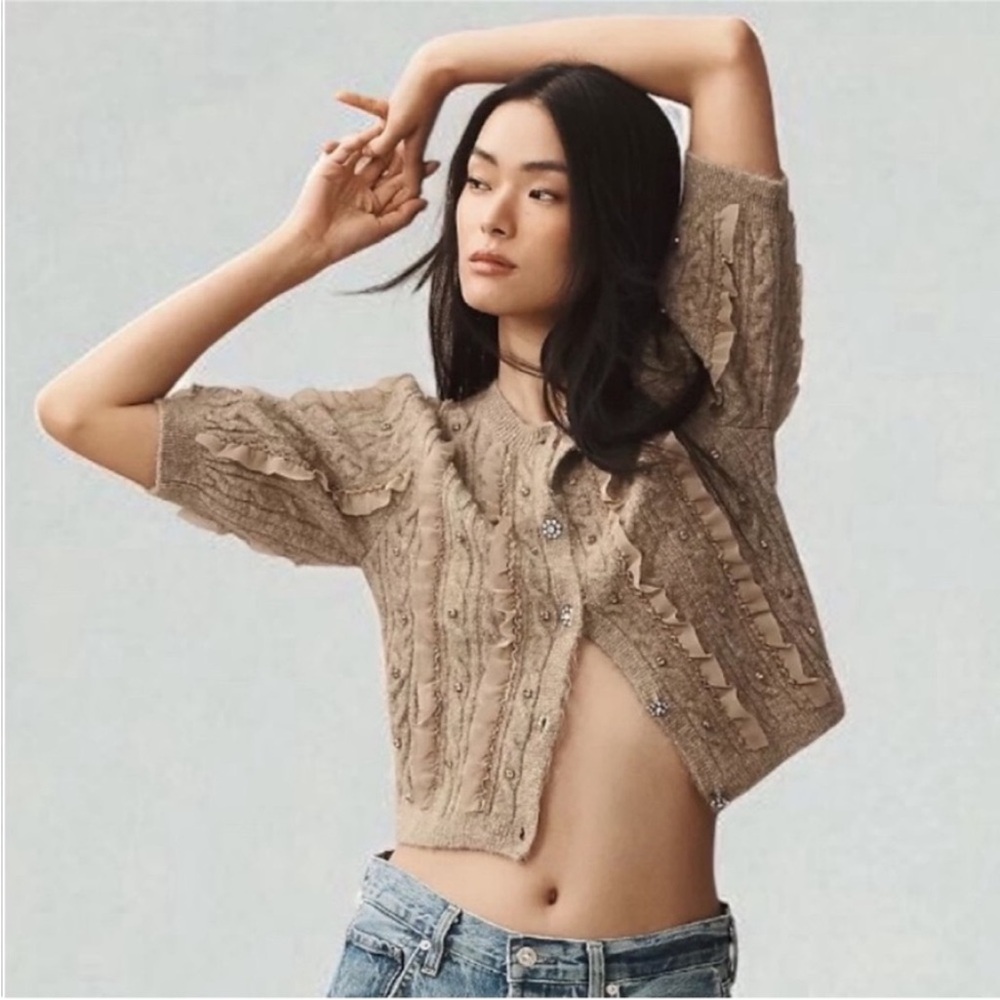 Nwt Maeve Short-Sleeve Embellished Ruffled Cardigan